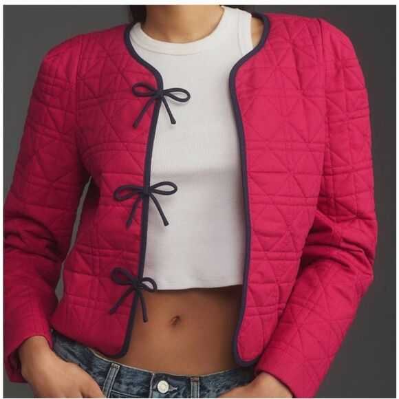 Anthropologie Dolan Linen Bow Front Quilted Lady Jacket Size Medium NWT - Picture 2 of 9